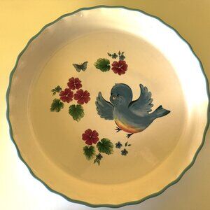 Vintage 1980s Ceramic Blue Bird & Butterfly Pie Plate Farmhouse Tart Quiche Pan